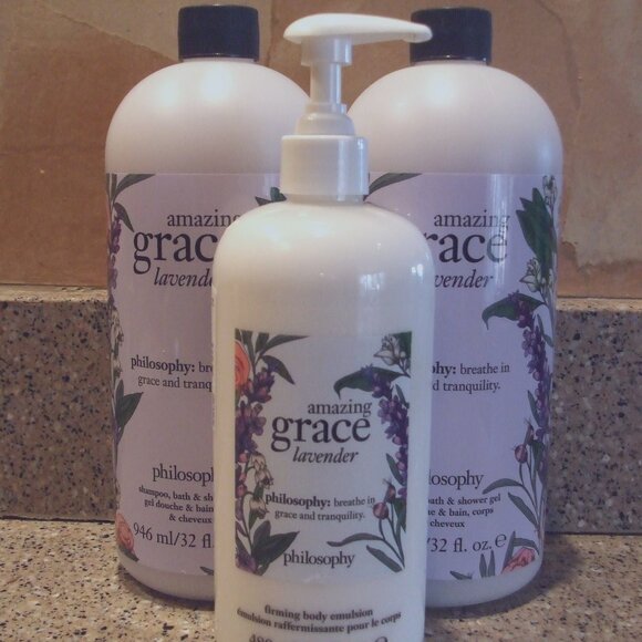 Philosophy 2 Amazing Grace Lavender Jumbo Bath Shower Gels Plus Body Lotion!